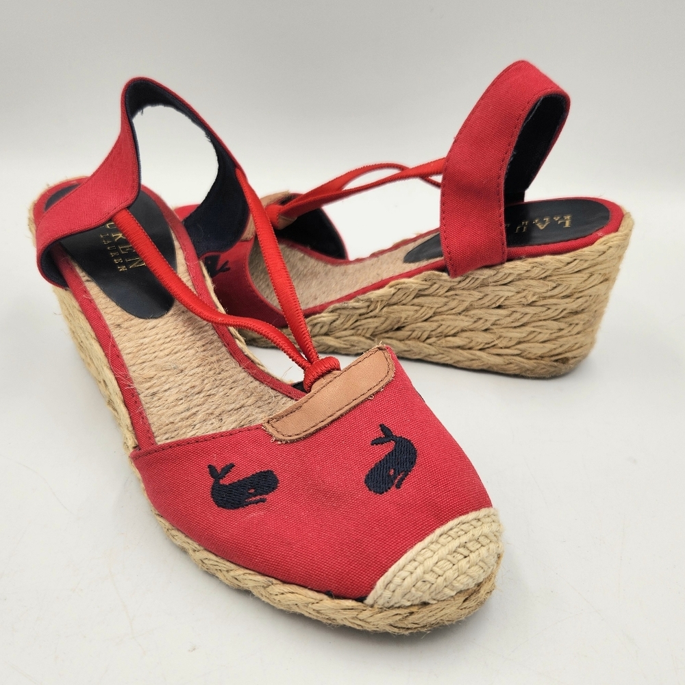 Lauren Ralph Lauren Cala Espradrille Wedge Whale Red Navy Womens 7 Canvas Jute